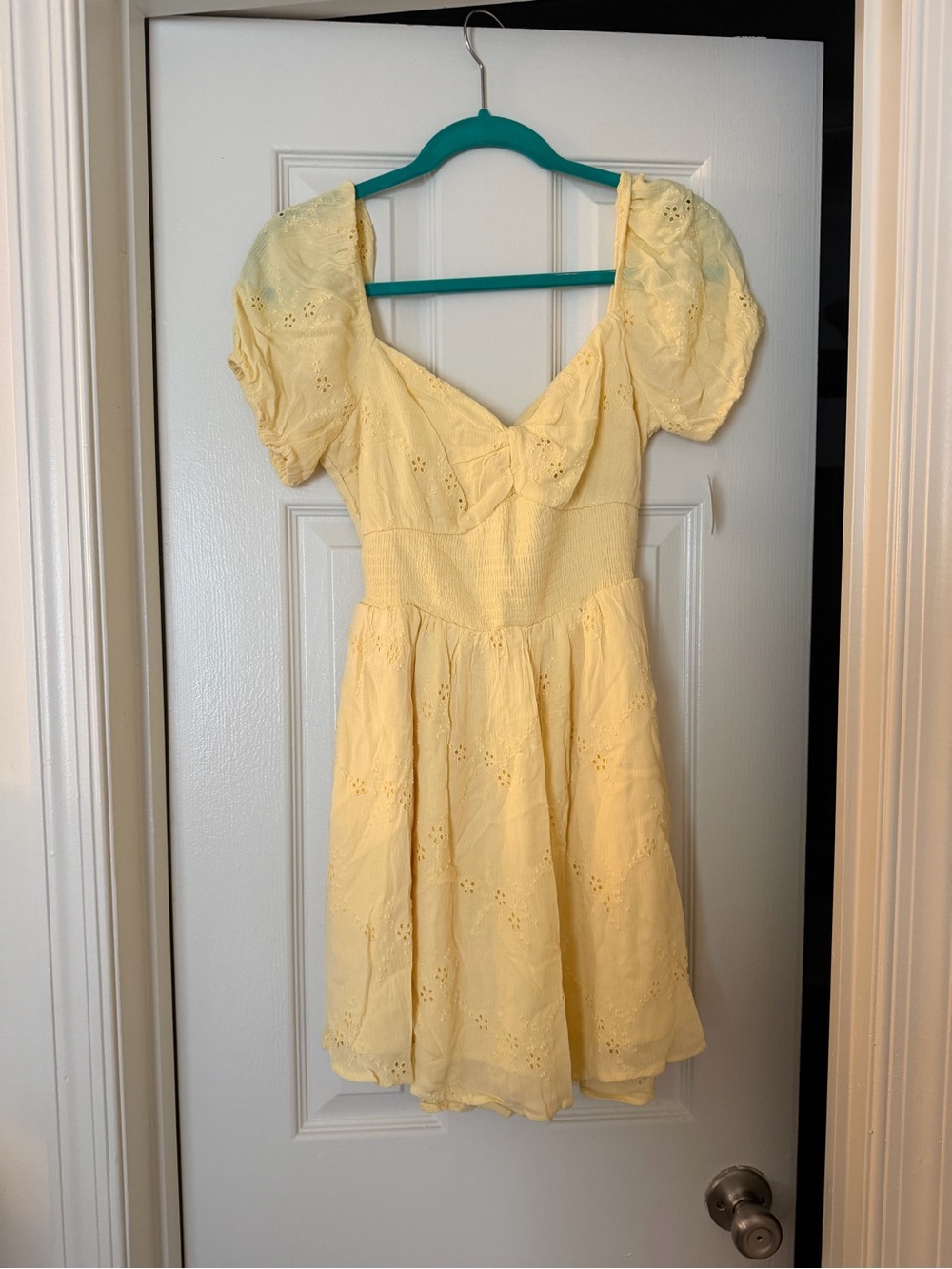 Hollister Pale Yellow Eyelet Puff Sleeve Mini Dress